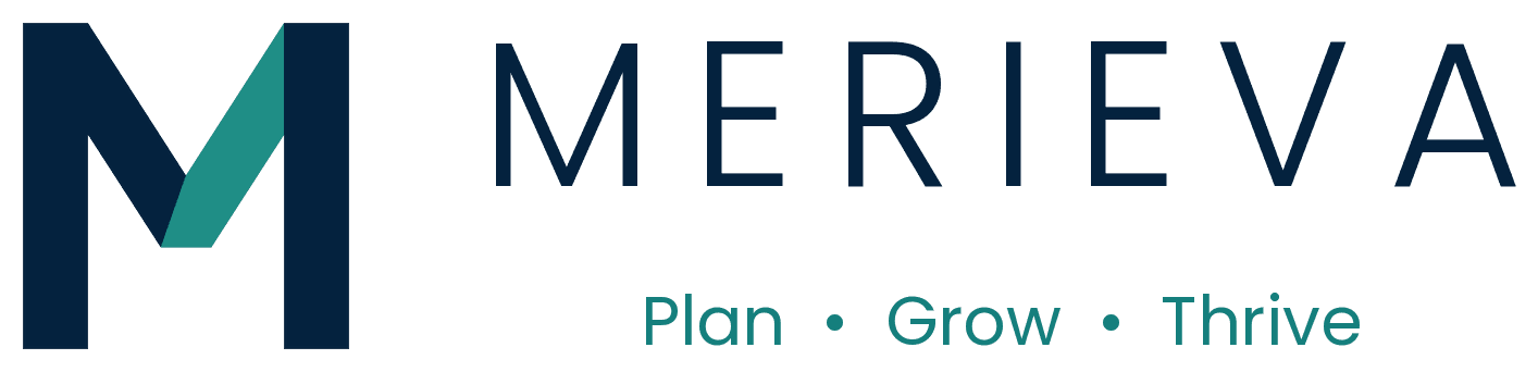 Merieva logo — a deep navy M monogram with layered teal facets