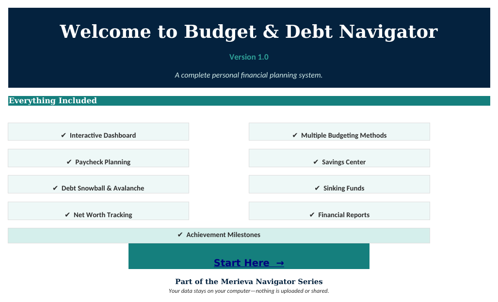 The Welcome sheet from Budget & Debt Navigator