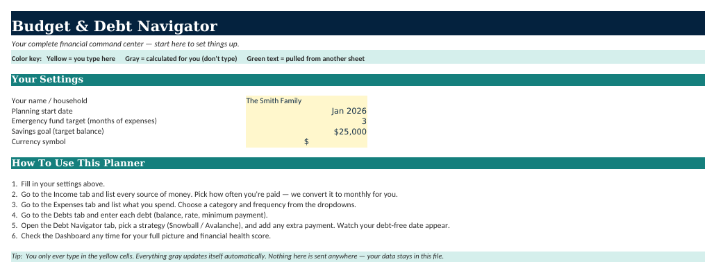 The Start Here sheet from Budget & Debt Navigator