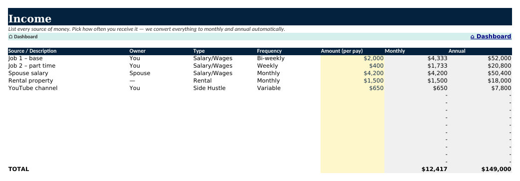 The Income sheet from Budget & Debt Navigator