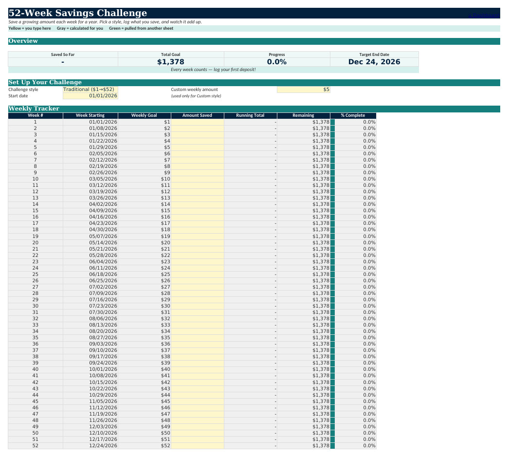 The 52-Week Challenge sheet from Budget & Debt Navigator