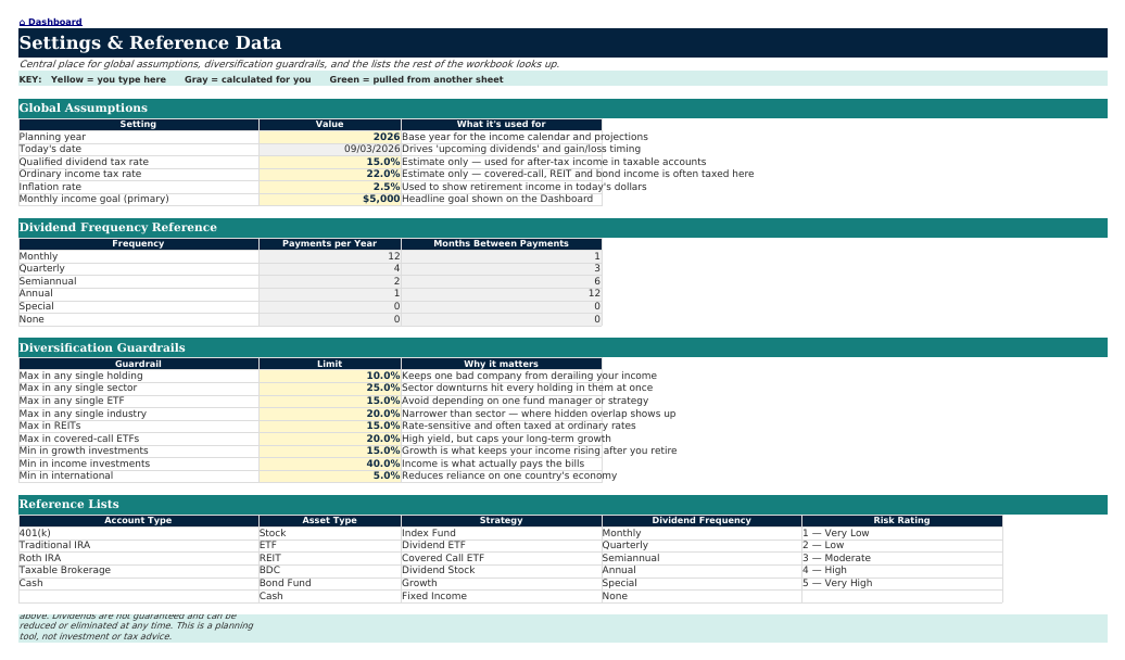 The Settings sheet from Dividend Portfolio Navigator