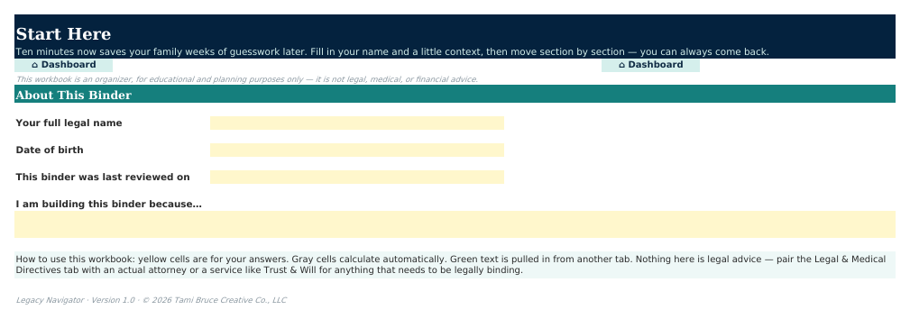 The Start Here sheet from Legacy Navigator