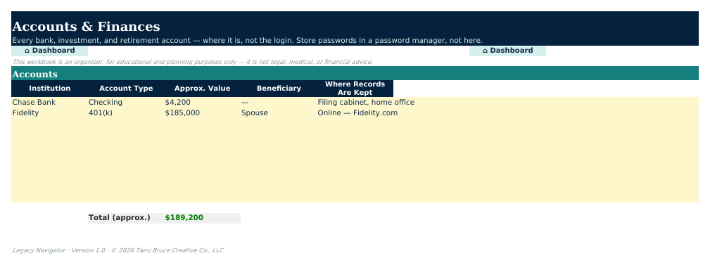 The Accounts & Finances sheet from Legacy Navigator