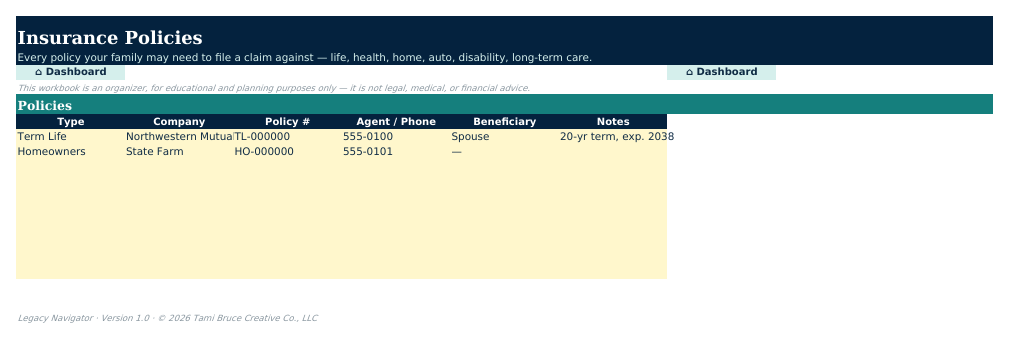 The Insurance Policies sheet from Legacy Navigator