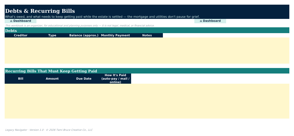 The Debts & Bills sheet from Legacy Navigator