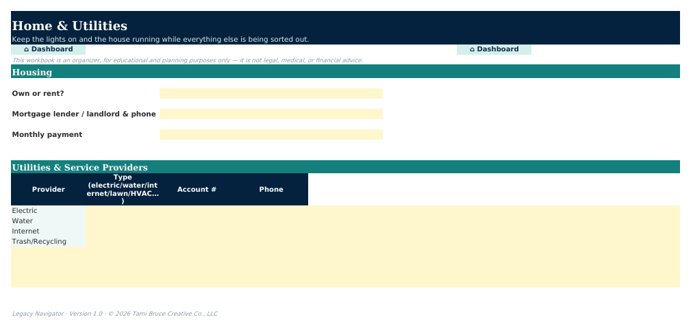 The Home & Utilities sheet from Legacy Navigator