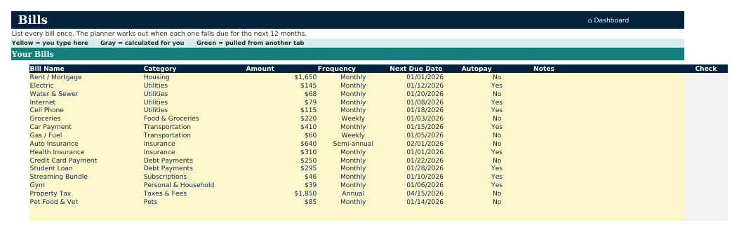 The Bills sheet from Payday Budget Planner