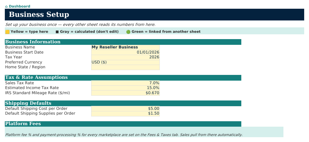 The Business Setup sheet from Reseller Navigator