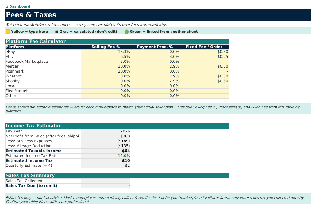 The Fees & Taxes sheet from Reseller Navigator