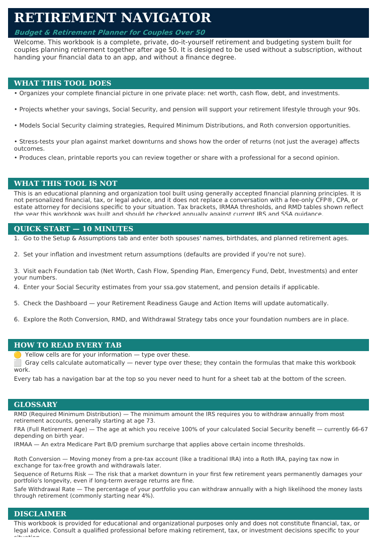 The Welcome & Instructions sheet from Retirement Navigator — Couples Edition