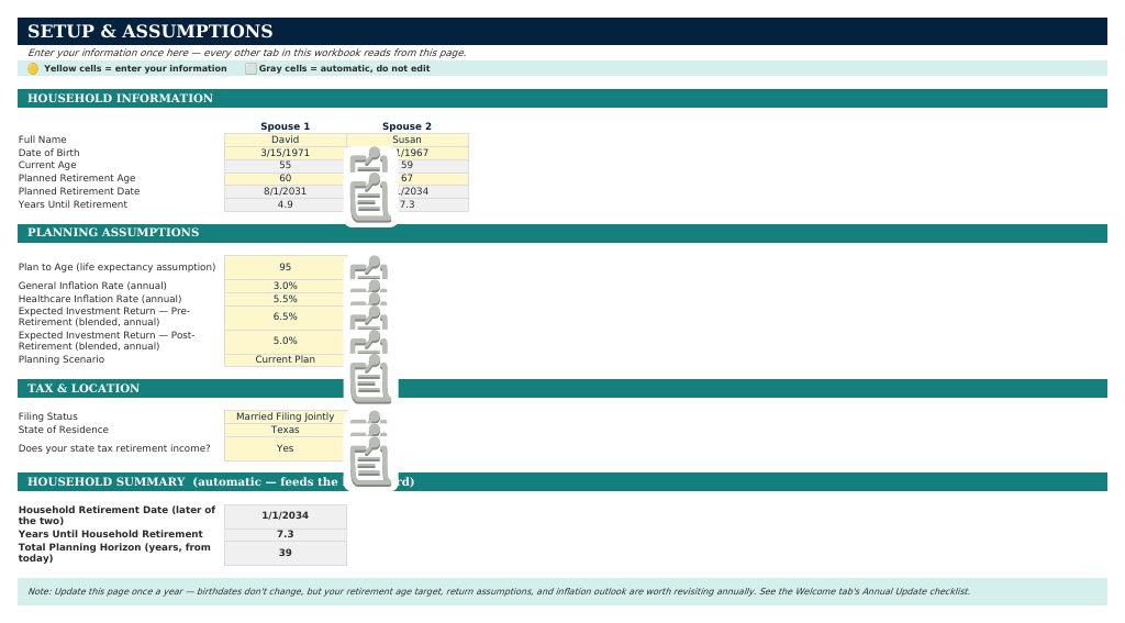 The Setup & Assumptions sheet from Retirement Navigator — Couples Edition