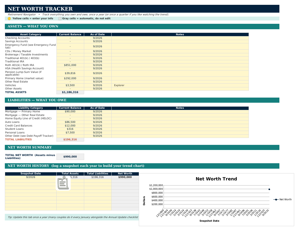 The Net Worth Tracker sheet from Retirement Navigator — Couples Edition