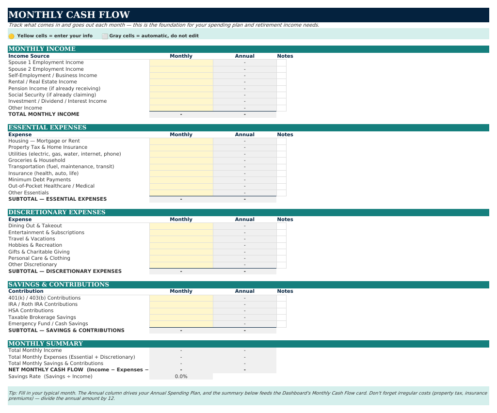 The Monthly Cash Flow sheet from Retirement Navigator — Couples Edition