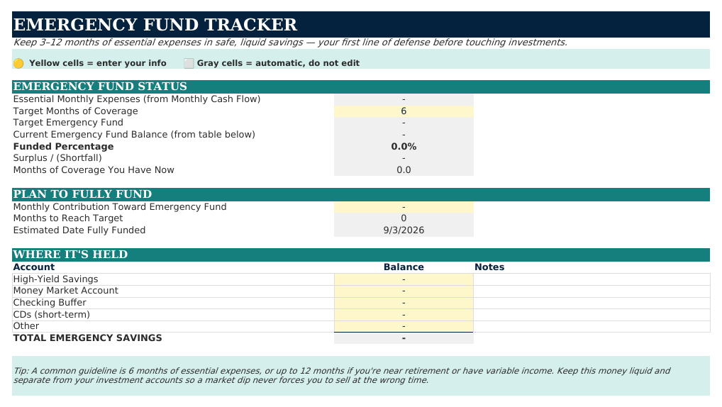 The Emergency Fund Tracker sheet from Retirement Navigator — Couples Edition