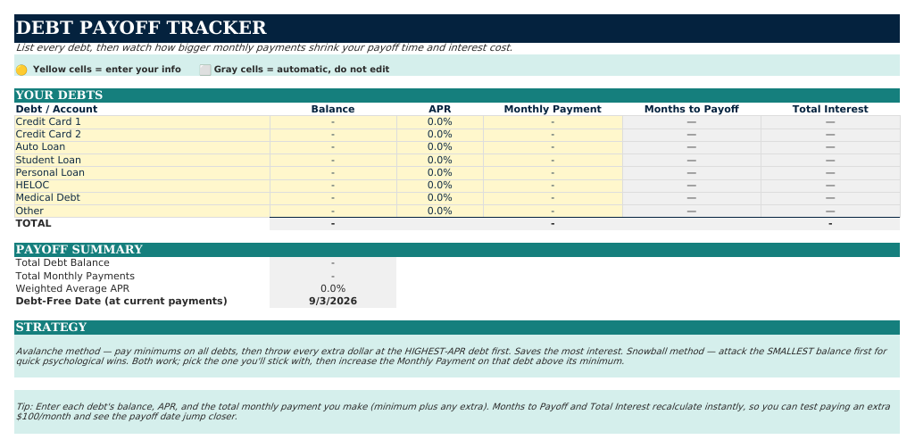 The Debt Payoff Tracker sheet from Retirement Navigator — Couples Edition