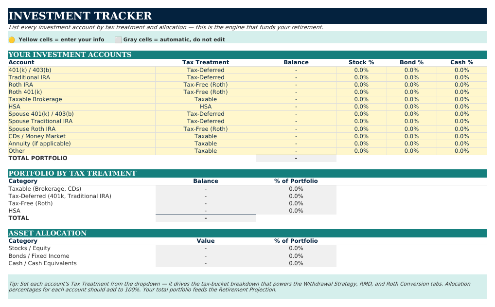 The Investment Tracker sheet from Retirement Navigator — Couples Edition