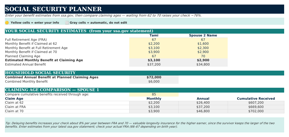 The Social Security Planner sheet from Retirement Navigator — Couples Edition