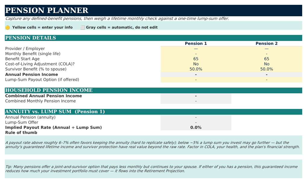 The Pension Planner sheet from Retirement Navigator — Couples Edition