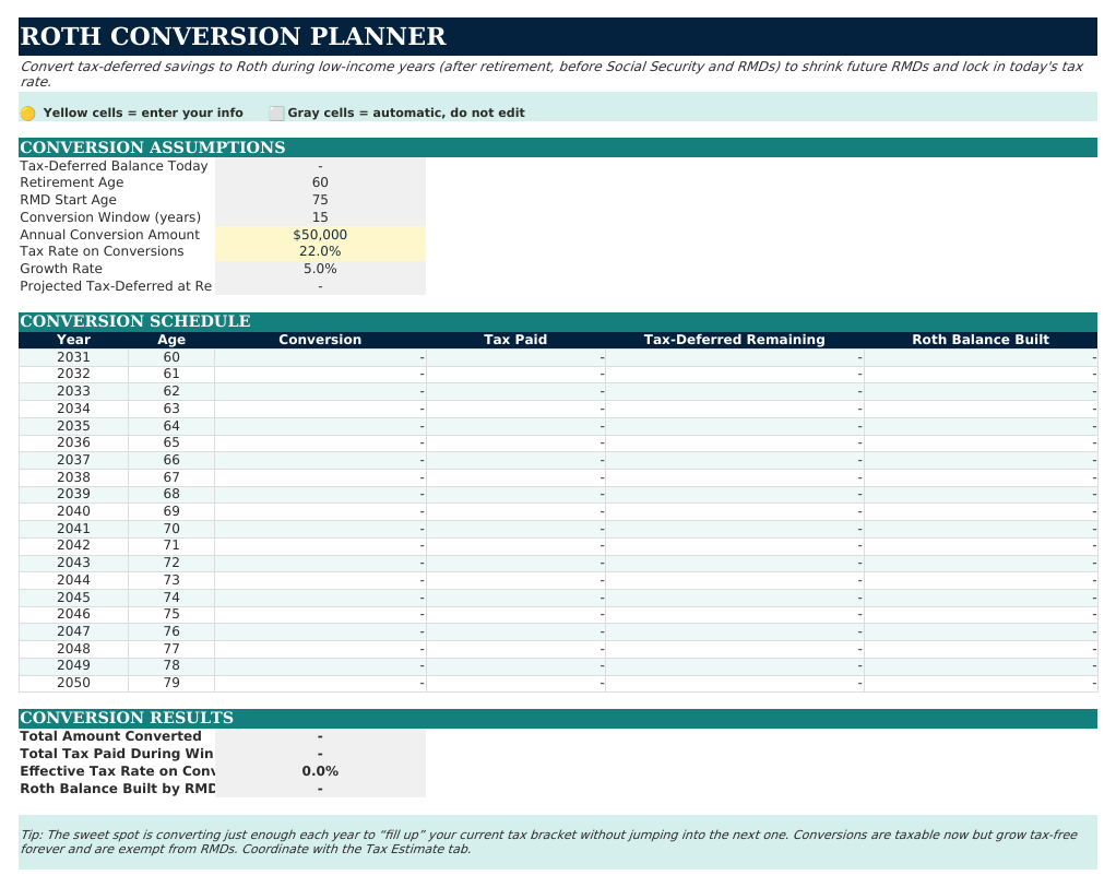 The Roth Conversion Planner sheet from Retirement Navigator — Couples Edition