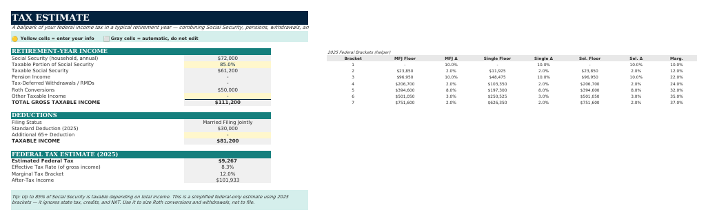 The Tax Estimate sheet from Retirement Navigator — Couples Edition