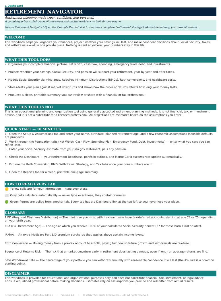 The Welcome & Instructions sheet from Retirement Navigator — Individual Edition