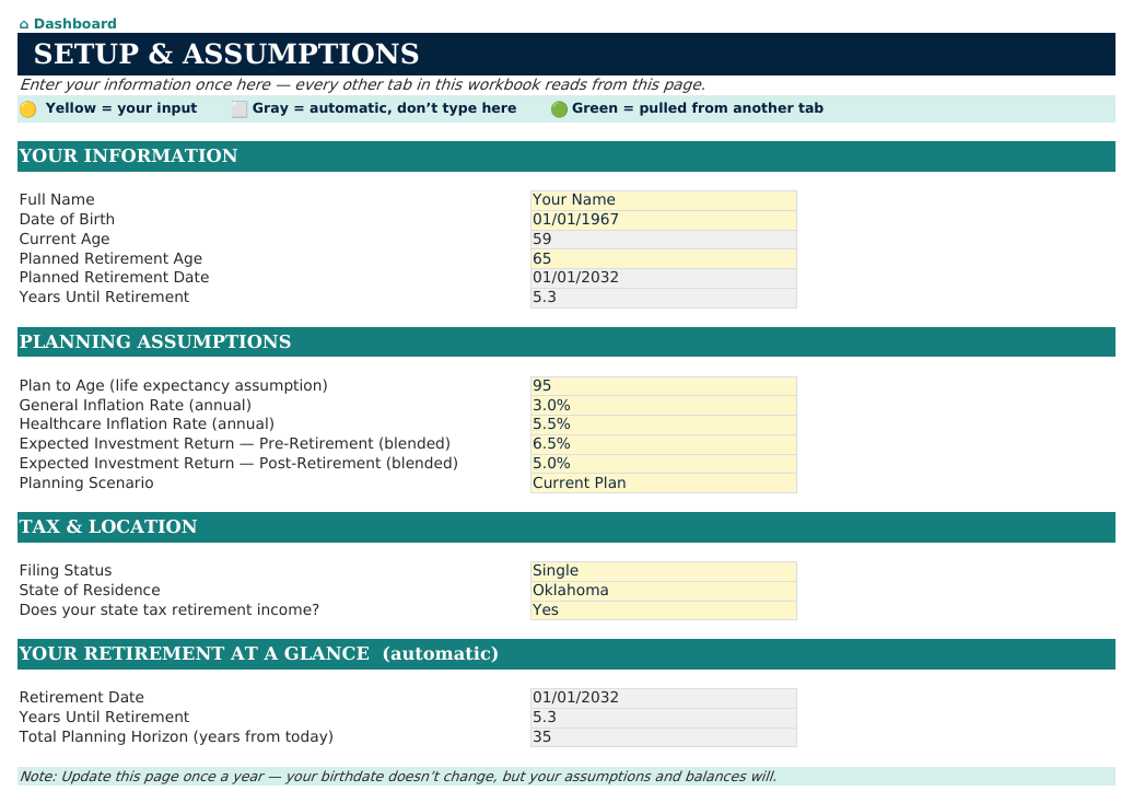 The Setup & Assumptions sheet from Retirement Navigator — Individual Edition