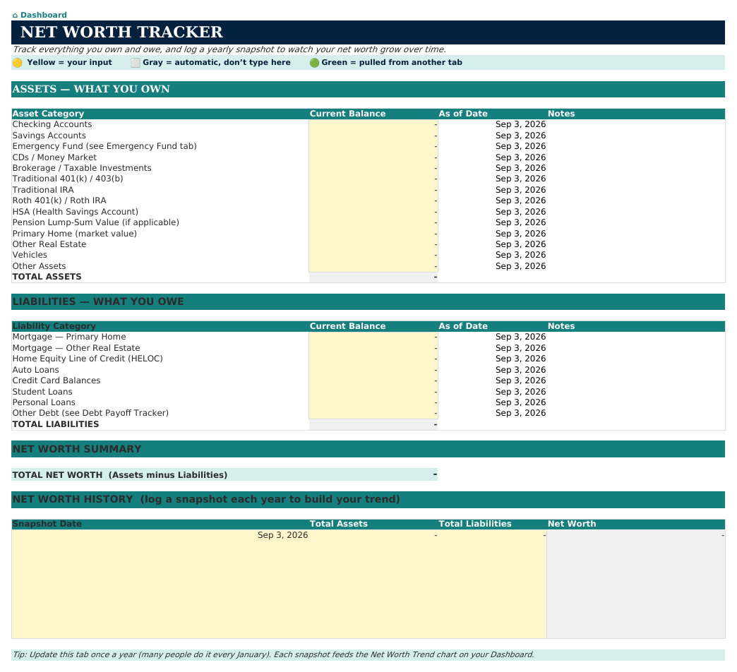 The Net Worth Tracker sheet from Retirement Navigator — Individual Edition