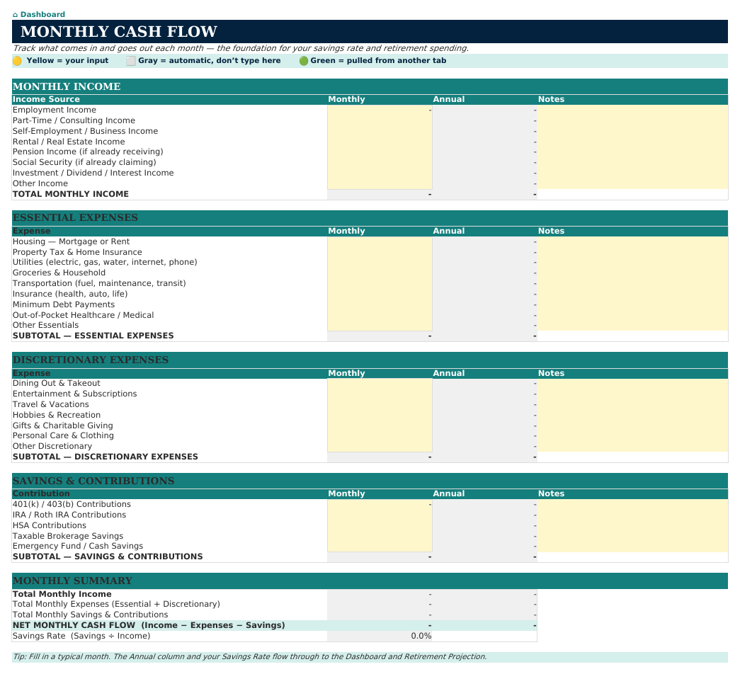 The Monthly Cash Flow sheet from Retirement Navigator — Individual Edition