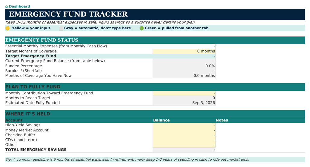 The Emergency Fund Tracker sheet from Retirement Navigator — Individual Edition