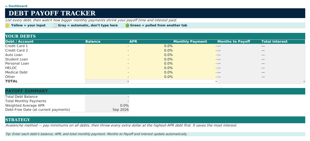 The Debt Payoff Tracker sheet from Retirement Navigator — Individual Edition