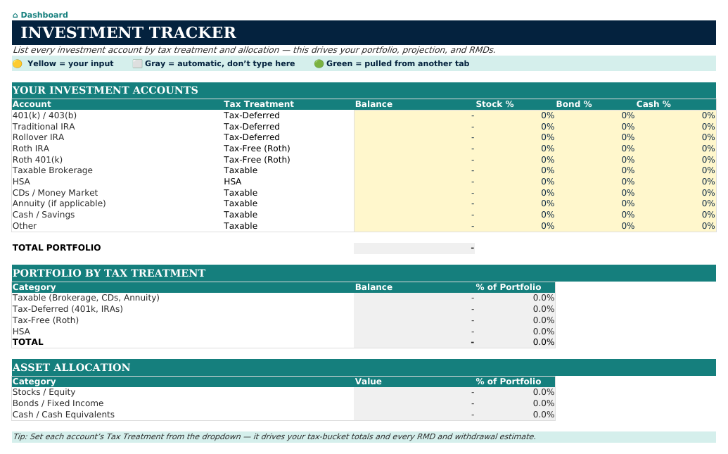 The Investment Tracker sheet from Retirement Navigator — Individual Edition