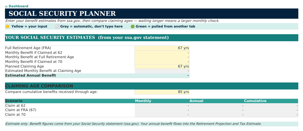 The Social Security Planner sheet from Retirement Navigator — Individual Edition