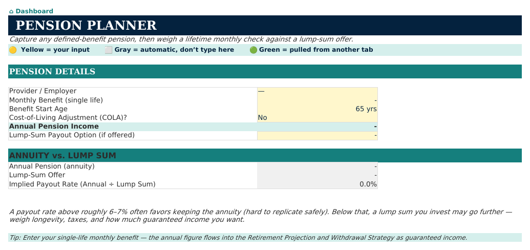 The Pension Planner sheet from Retirement Navigator — Individual Edition