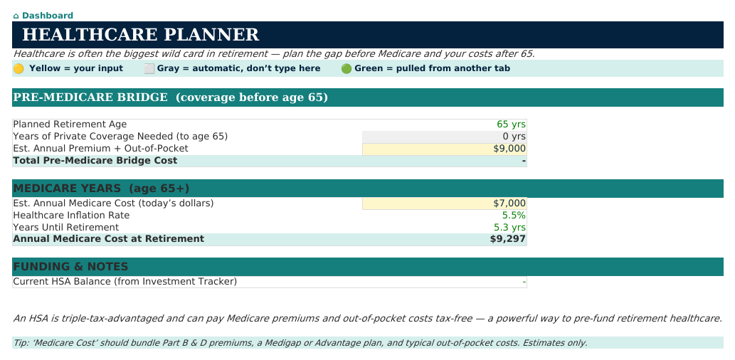 The Healthcare Planner sheet from Retirement Navigator — Individual Edition