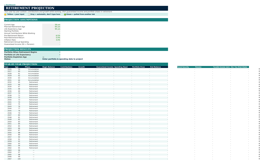 The Retirement Projection sheet from Retirement Navigator — Individual Edition