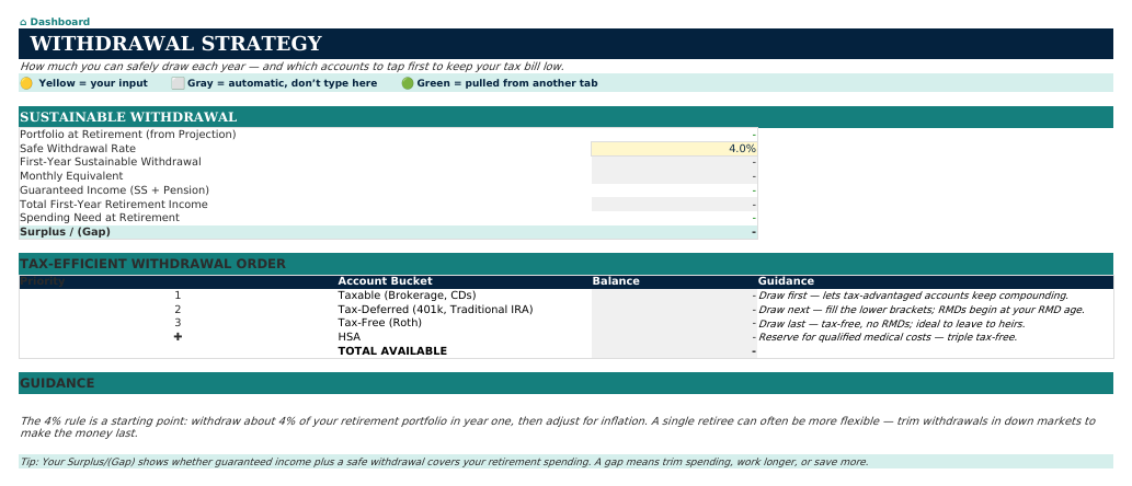 The Withdrawal Strategy sheet from Retirement Navigator — Individual Edition