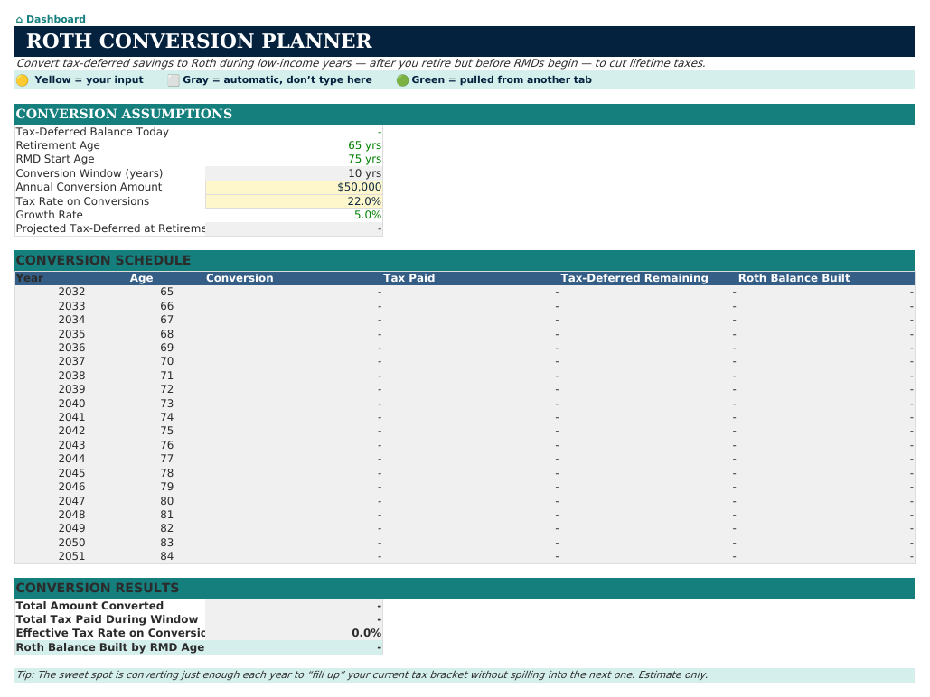 The Roth Conversion Planner sheet from Retirement Navigator — Individual Edition
