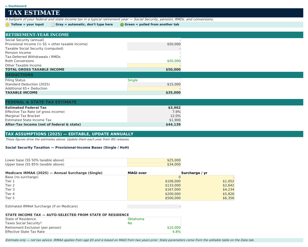 The Tax Estimate sheet from Retirement Navigator — Individual Edition