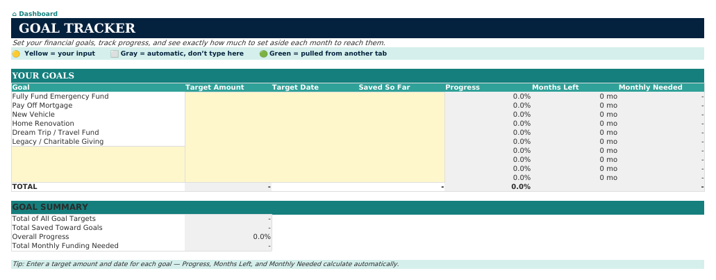 The Goal Tracker sheet from Retirement Navigator — Individual Edition