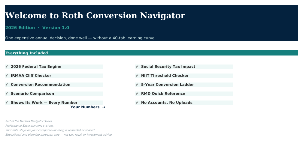The Welcome sheet from Roth Conversion Navigator
