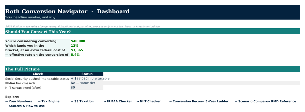 The ⌂ Dashboard sheet from Roth Conversion Navigator