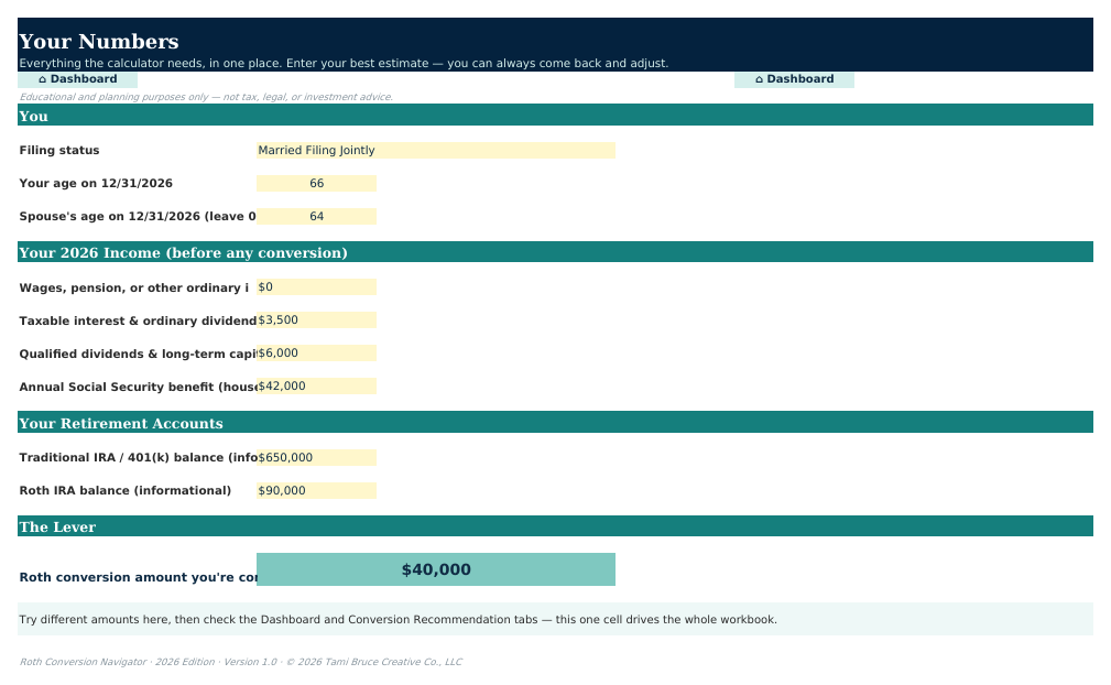 The Your Numbers sheet from Roth Conversion Navigator