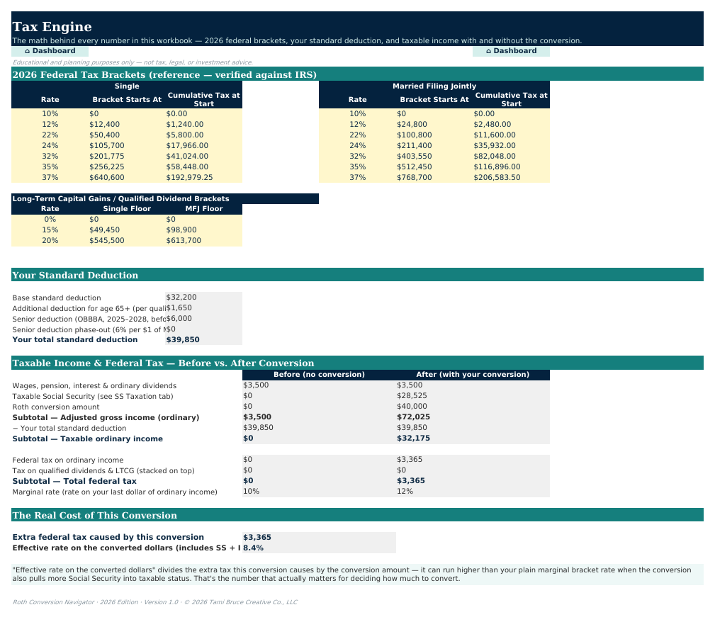 The Tax Engine sheet from Roth Conversion Navigator