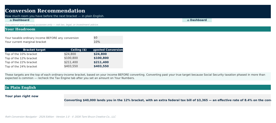 The Conversion Recommendation sheet from Roth Conversion Navigator